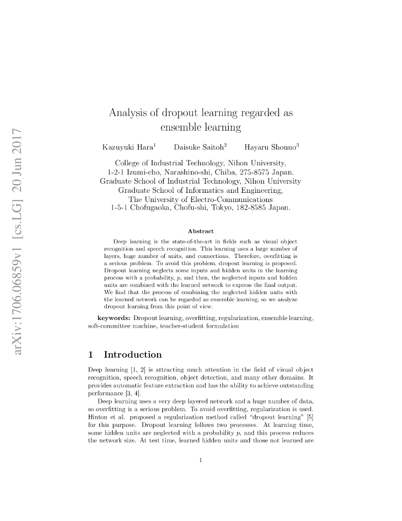 Analysis of dropout learning regarded as ensemble learning
