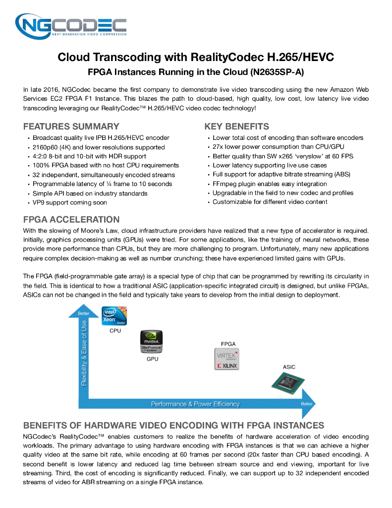 Cloud Transcoding with RealityCodec H.265/HEVC FPGA Instances Running in the Cloud(N2635SP-A)