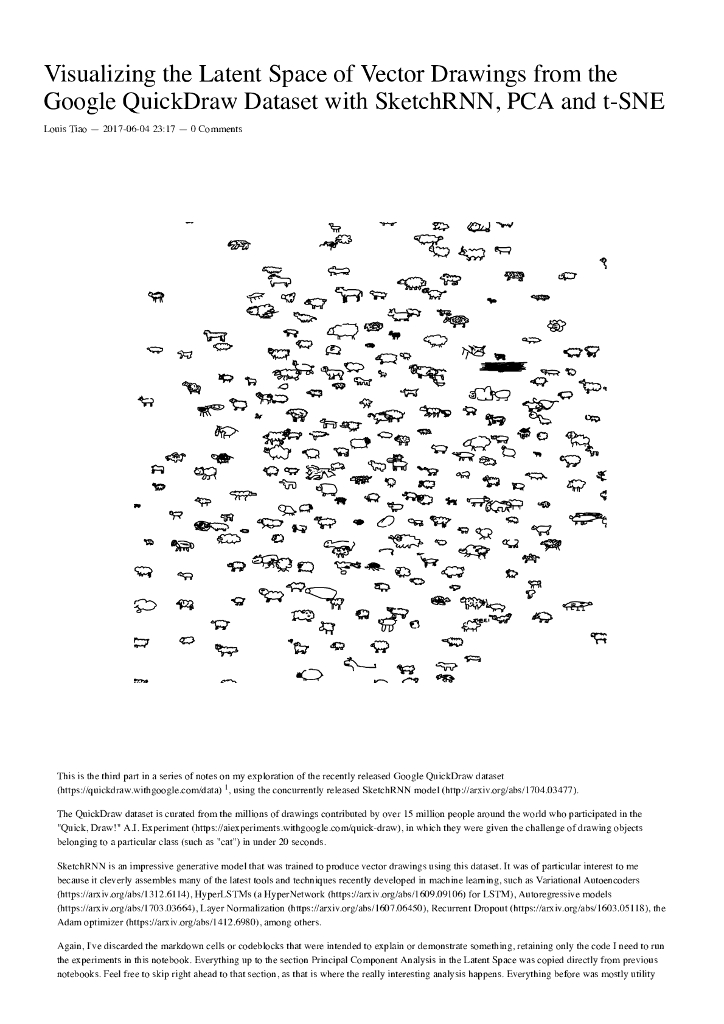 Visualizing the Latent Space of Vector Drawings from the Google QuickDraw Dataset with SketchRNN,PCA and t-SNE