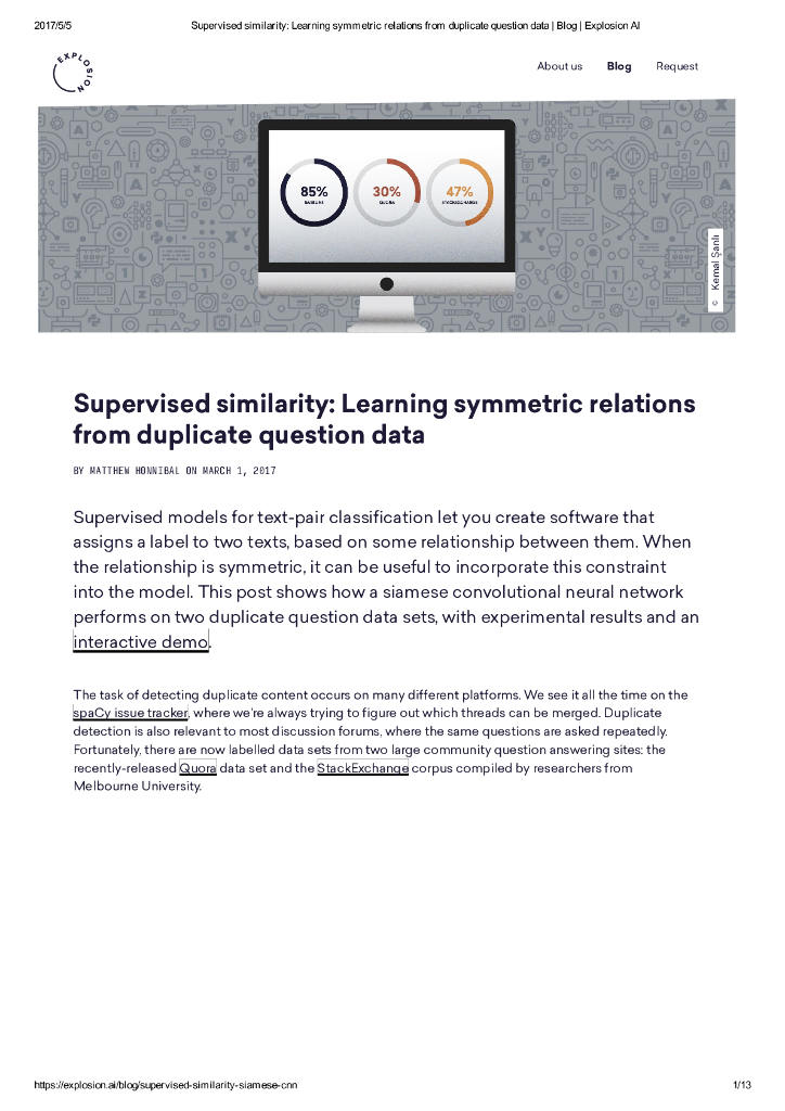 Supervised similarity:Learning symmetric relations from duplicate question data|Blog|Explosion AI