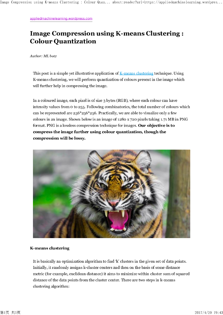 Image Compression using K-means Clustering:Colour Quantization