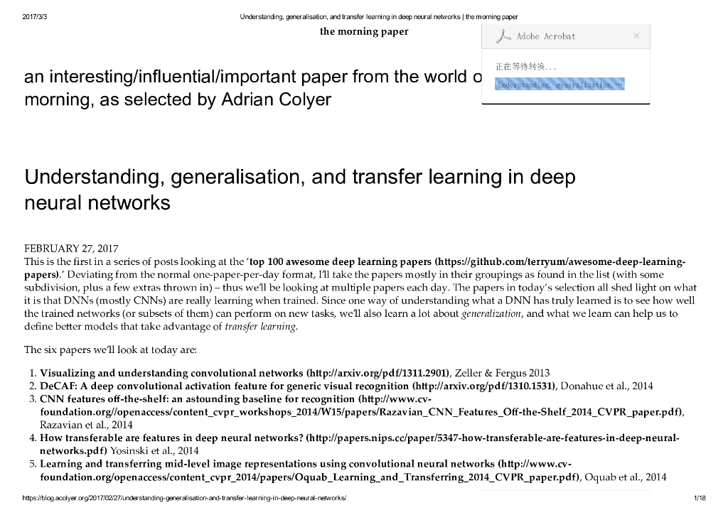 Understanding,generalisation,and transfer learning in deep neural networks