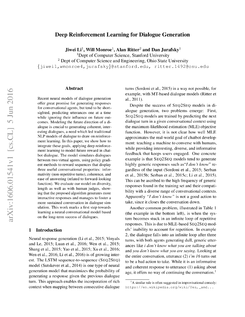 Deep Reinforcement Learning for Dialogue Generation