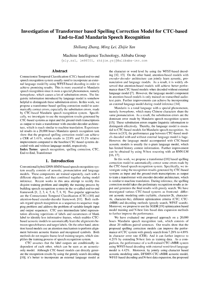 Investigation of Transformer based Spelling Correction Model for CTC-based End-to-End Mandarin Speech Recognition