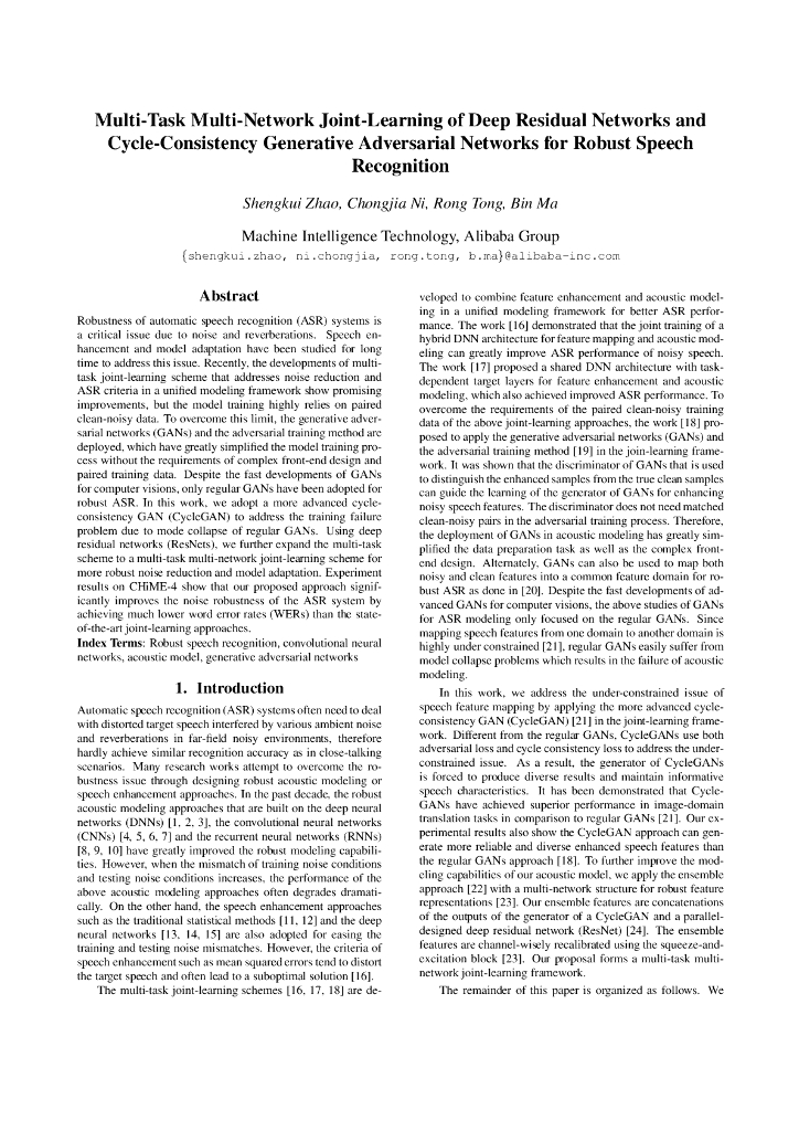 Multi-Task Multi-Network Joint-Learning of Deep Residual Networks and Cycle-Consistency Generative Adversarial Networks for Robust Speech Recognition