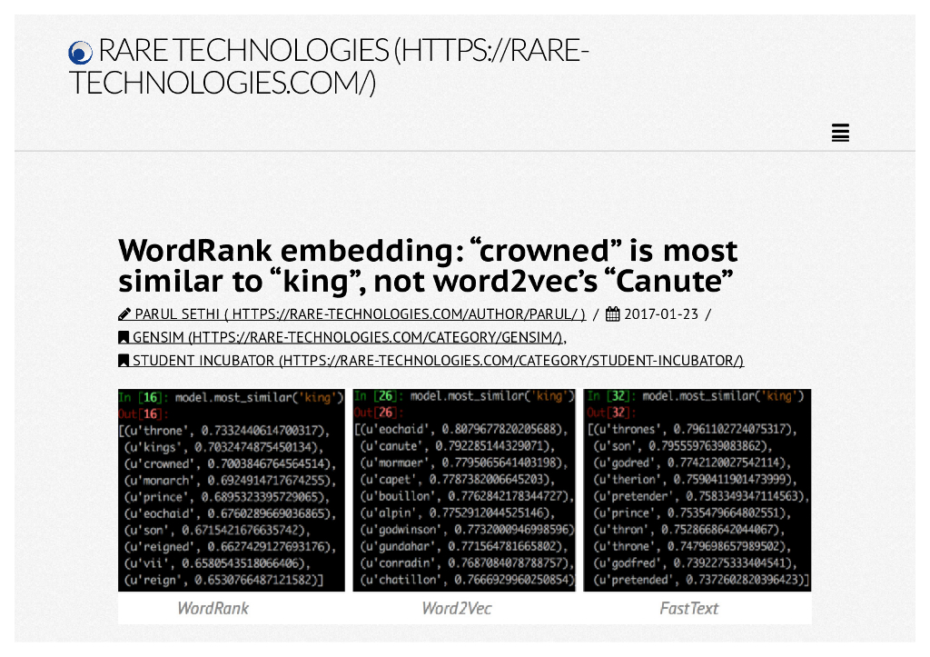 WordRank embedding:“crowned”is most similar to“king”,not word2vec’s“Canute”