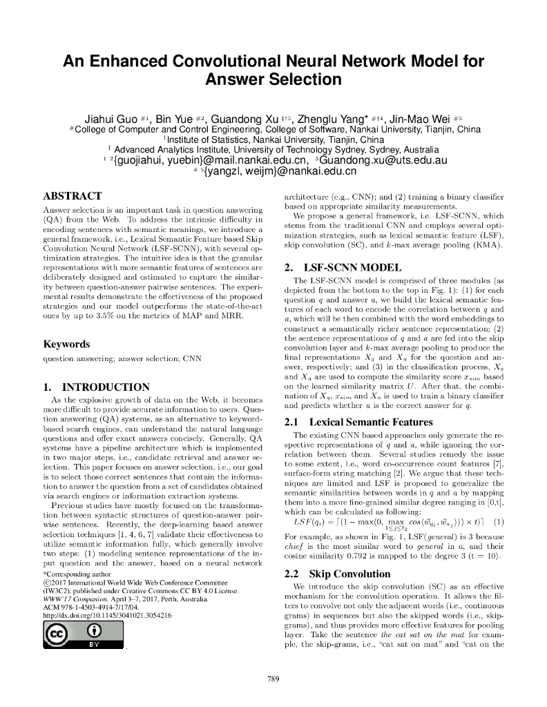 An Enhanced Convolutional Neural Network Model for Answer Selection