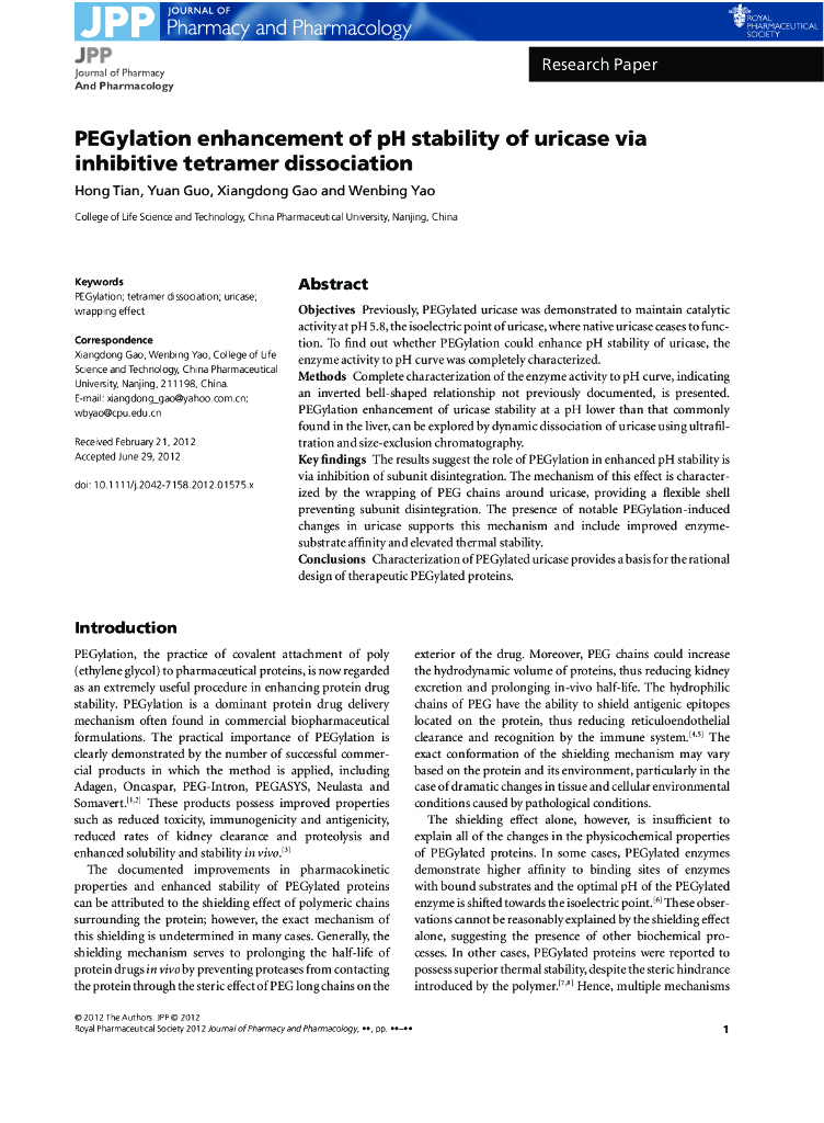 《药学的生物化学基础》文献资料-PEGylation enhancement of pH stability of uricase via