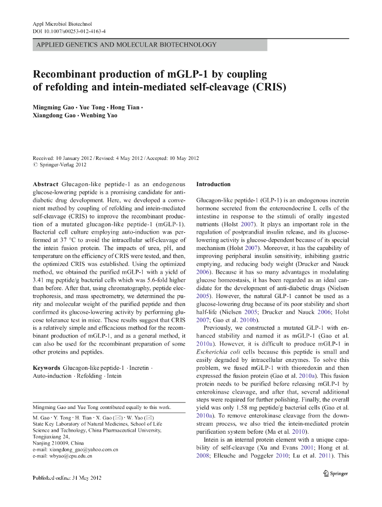 《药学的生物化学基础》文献资料-Recombinant production of mGLP-1 by coupling of refolding and intein-mediated self-cleavage