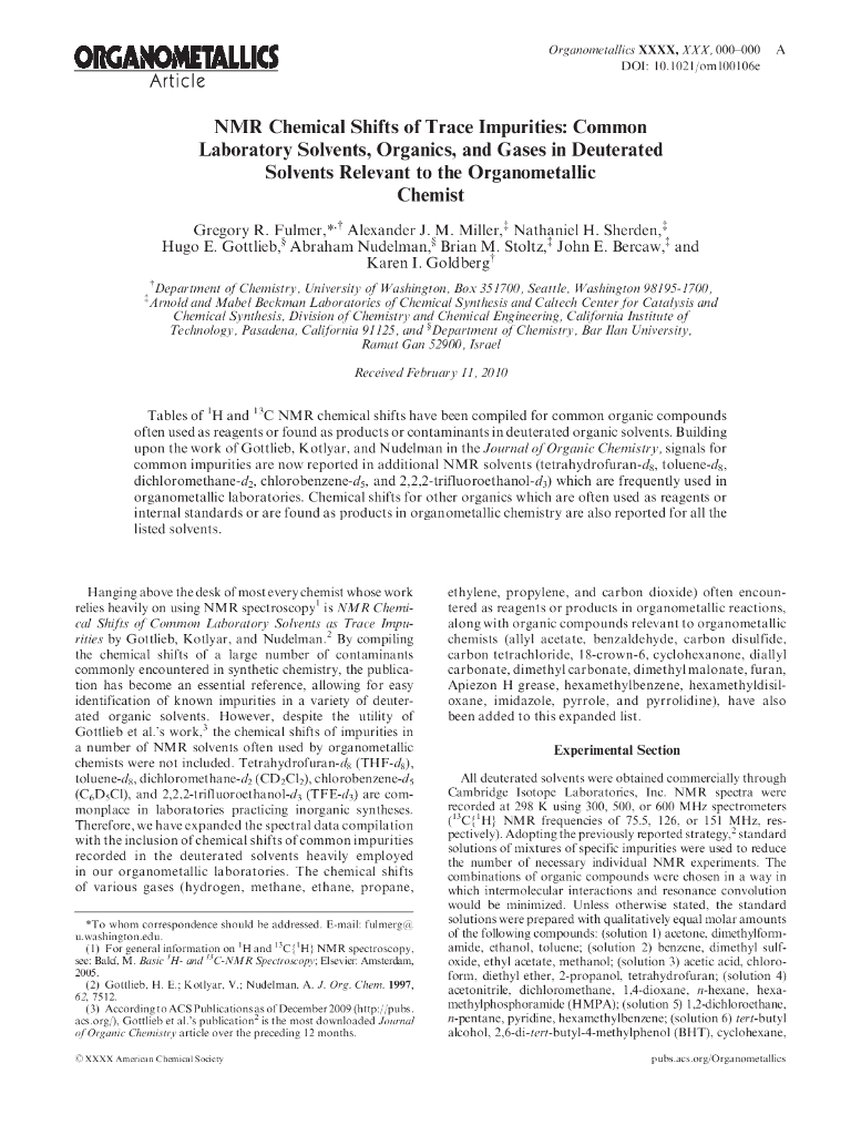 《有机化学及实验》文献资料-核磁谱图中实验室通用杂质峰鉴别