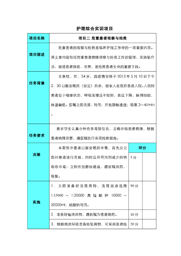 《护理技巧》项目二 危重患者观察与抢救综合实训项目