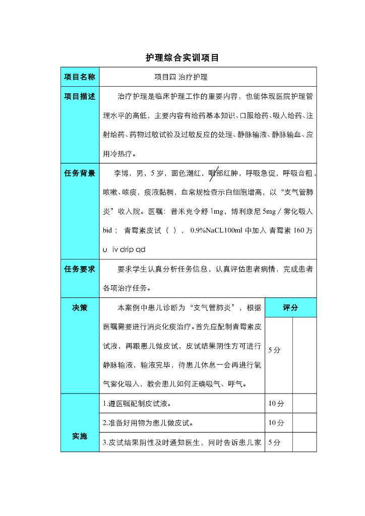 《护理技巧》项目四 治疗护理综合实训项目