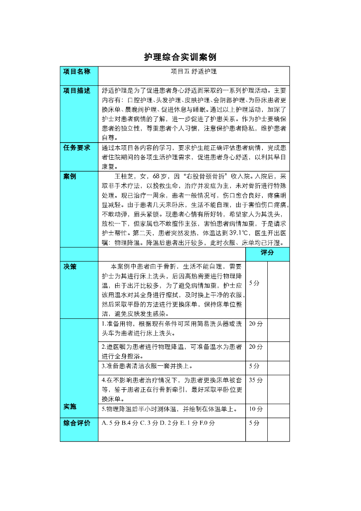 《护理技巧》项目五 舒适护理综合实训项目