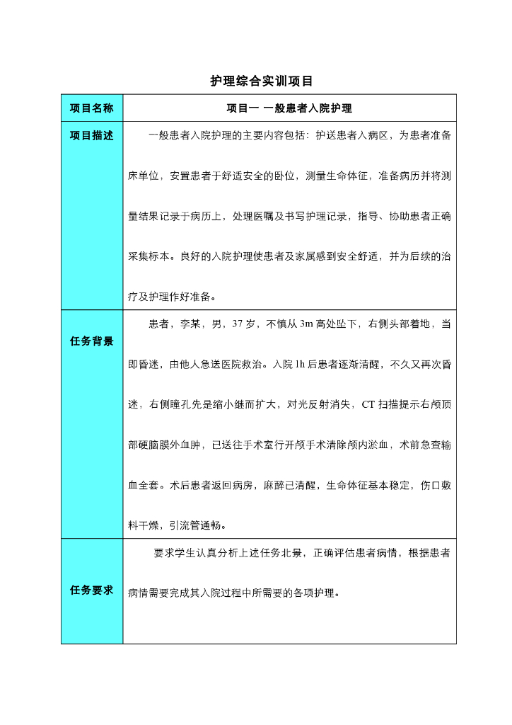 《护理技巧》项目一 一般患者入院护理综合实训项目