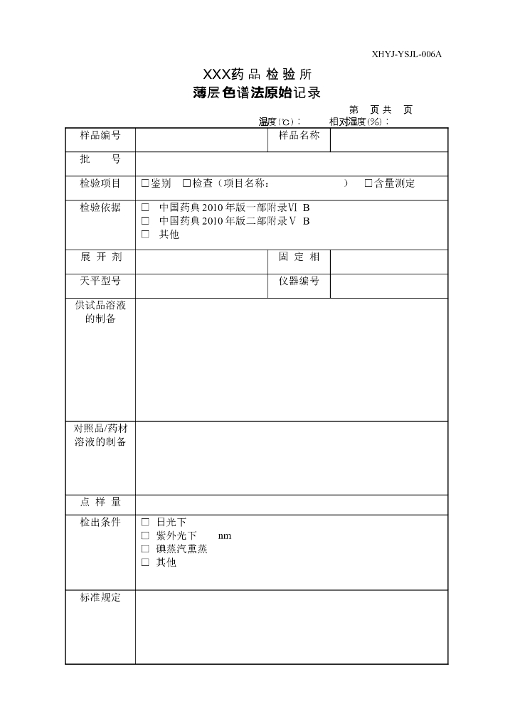 《药物检测分析技术》文献资料-药检所薄层色谱法原始记录