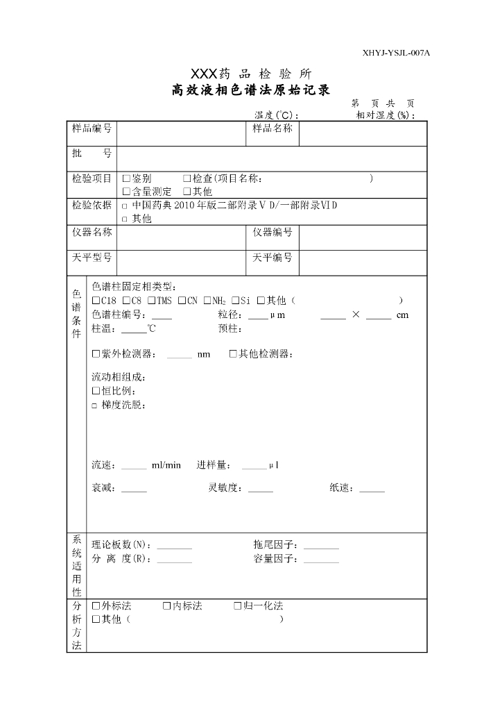 《药物检测分析技术》文献资料-药检所高效液相色谱法原始记录
