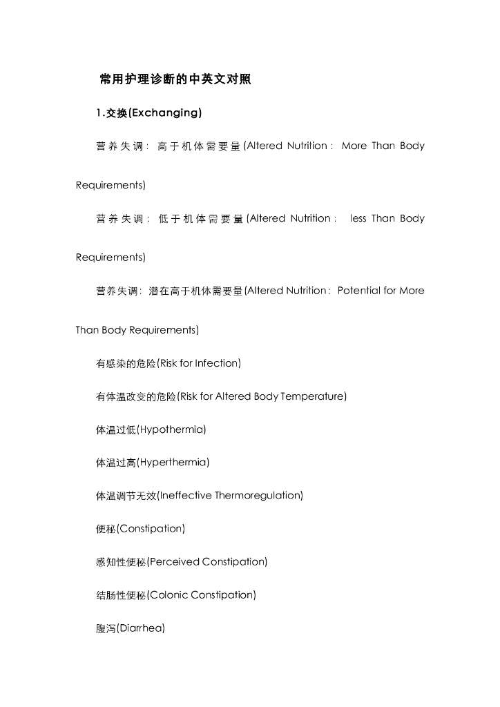 《健康评估》常用护理诊断的中英对照