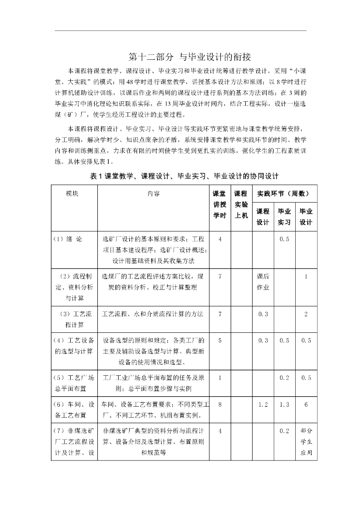 《选矿厂设计》课程与毕业设计衔接要求