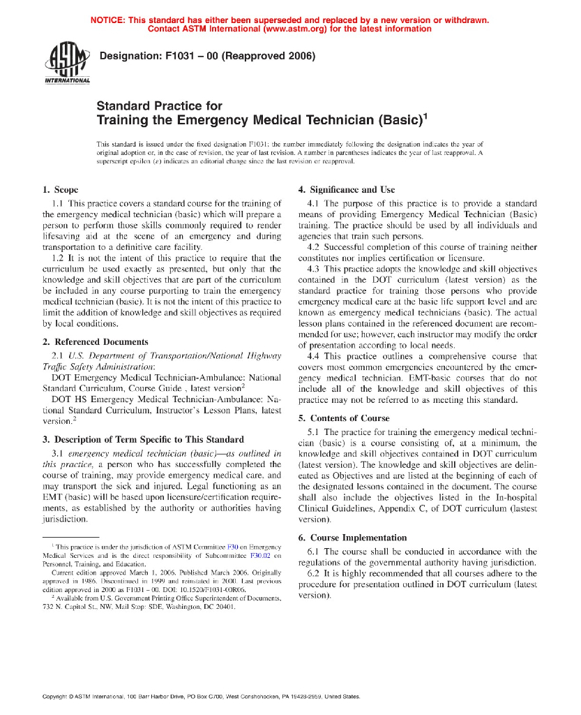 ASTM F1031-2000(2006)急救医疗技师培训(基础)的标准操作规程 
