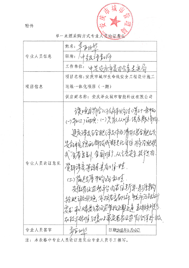 安庆市城市生命线安全工程设计施工运维一体化项目（一期）  专业人员论证意见