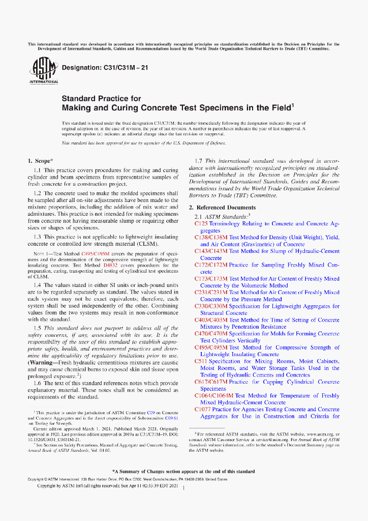 Standard Practice for Making and Curing Concrete Test Specimens in the Field