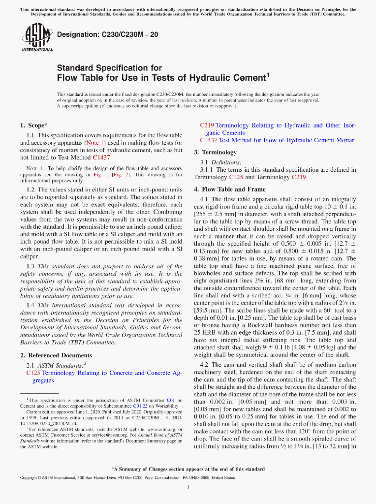 Standard Specification for Flow Table for Use in Tests of Hydraulic Cement