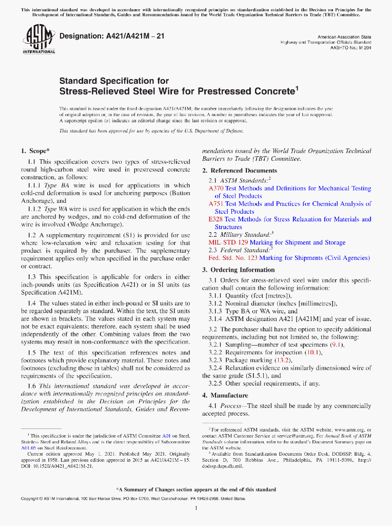 A421/A421M–21 Highvmay Standard Specification for Stress-Relieved Steel Wire for Prestressed Concrete