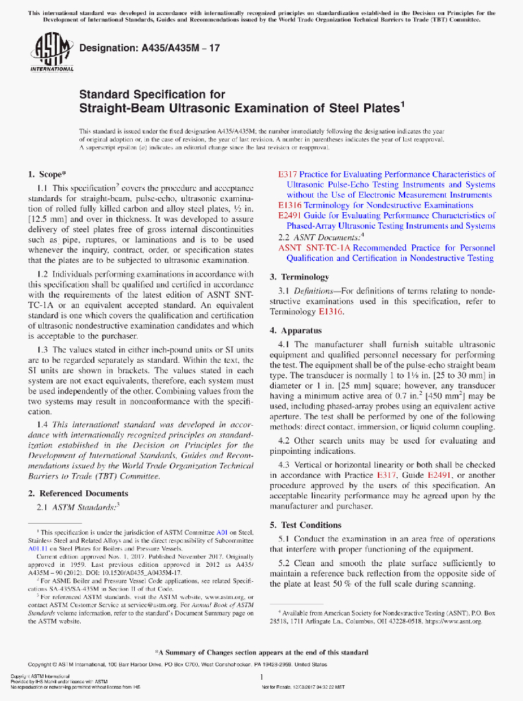 A435/A435M-17 Standard Specification for Straight-Beam Ultrasonic Examination of Steel Plates