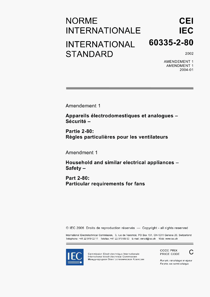 IEC 60335-2-80:2005 HOUSEHOLD AND SIMILAR ELECTRICAL APPLIANCES-SAFETY-Part 2-80:Particular requirements for fans
