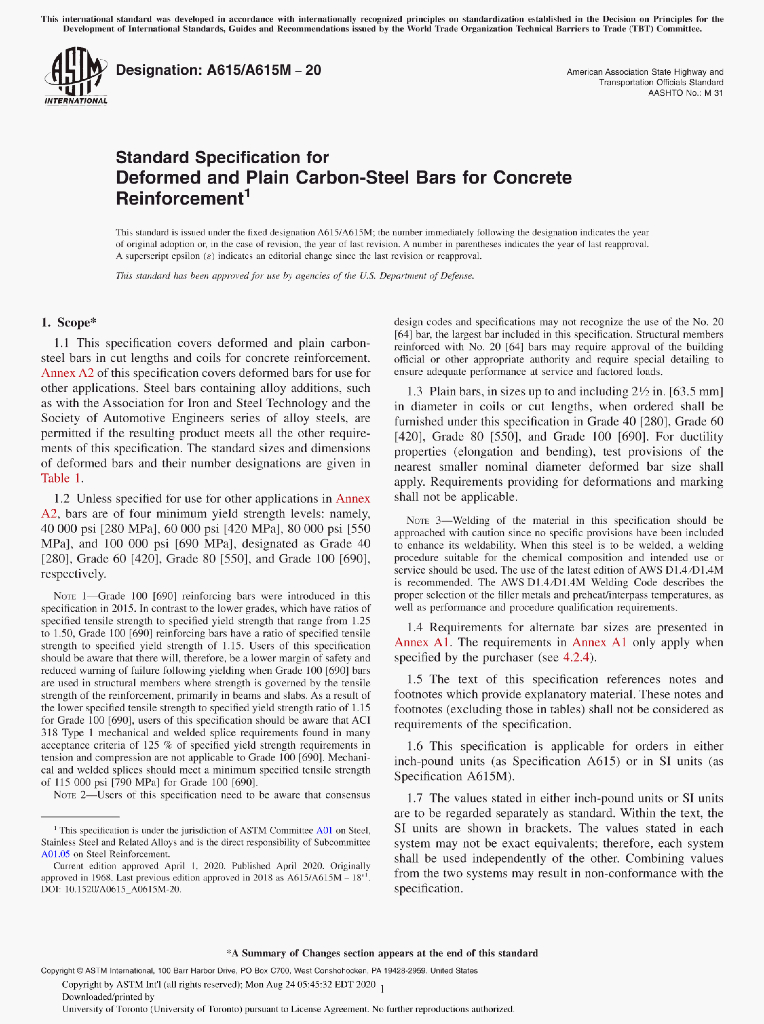 A615/A615M–20 Standard Specification for Deformed and Plain Carbon-Steel Bars for Concrete Reinforcement