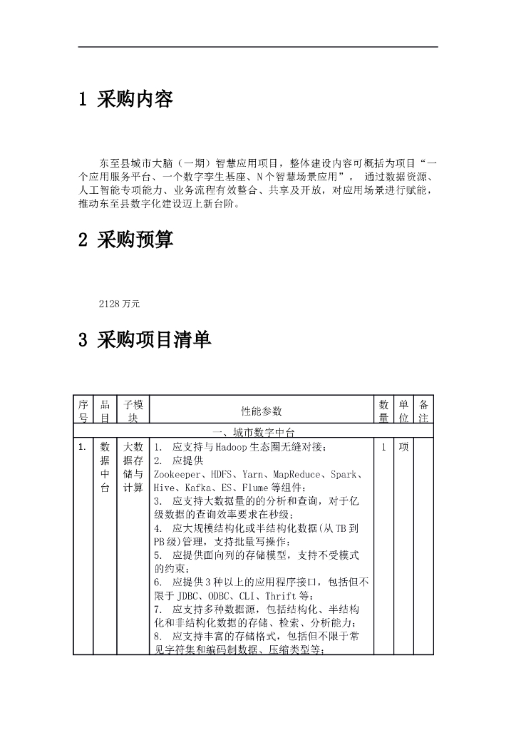 东至县城市大脑（一期）智慧应用项目  采购需求