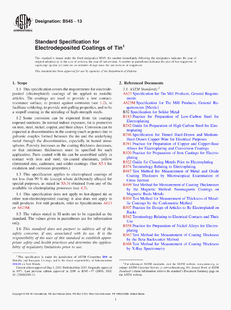 B545-13 Standard Specification for Electrodeposited Coatings of Tin
