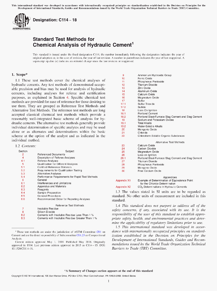C114-18 Standard Test Methods for Chemical Analysis of Hydraulic Cement