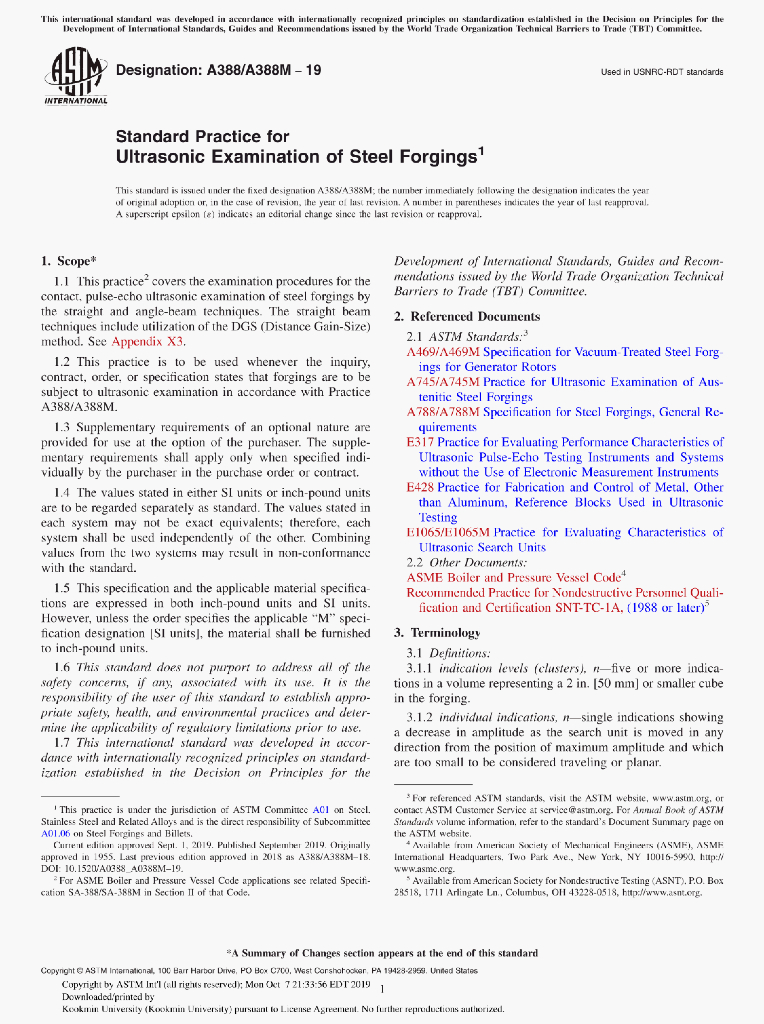 A388/A388M-19 Standard Practice for Ultrasonic Examination of Steel Forgings