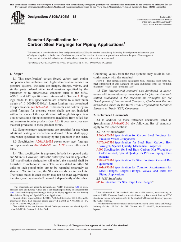 A105/A105M-18 Standard Specification for Carbon Steel Forgings for Piping Applications