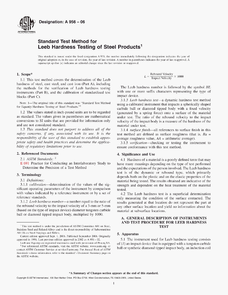 A956-06 Standard Test Method for Leeb Hardness Testing of Steel Products
