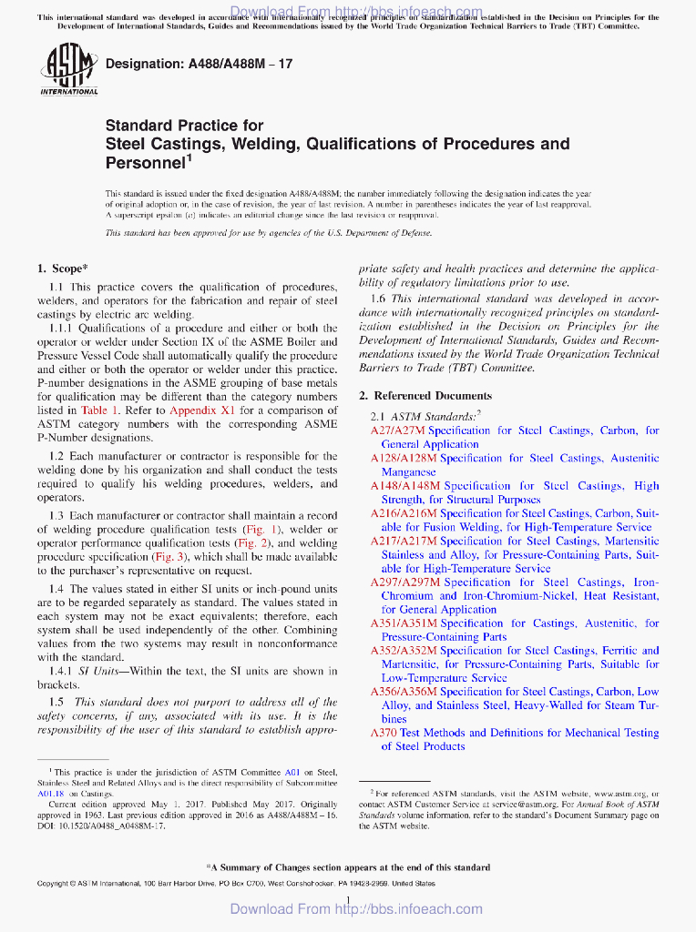 A488/A488M-17 Standard Practice for Steel Castings,Welding,Qualifications of Procedures andPersonnel