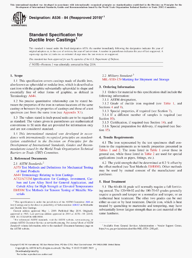 A536-84 Standard Specification for Ductile lron Castings