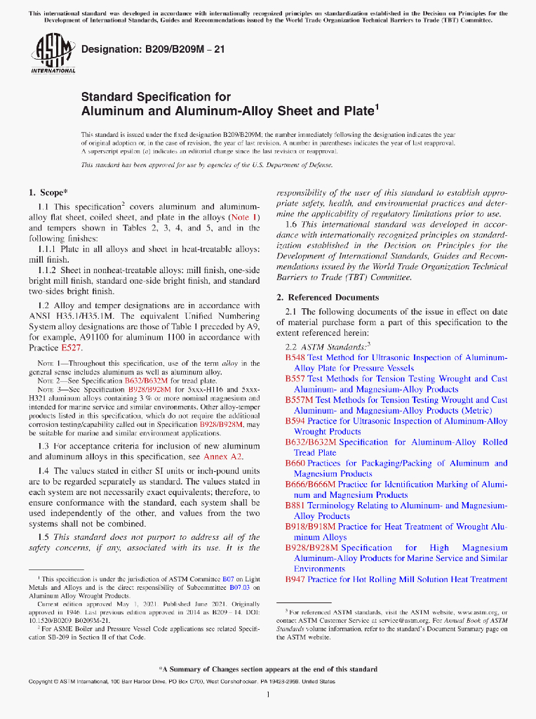 B209/B209M-21 Standard Specification for Aluminum and Aluminum-Alloy Sheet and Plate