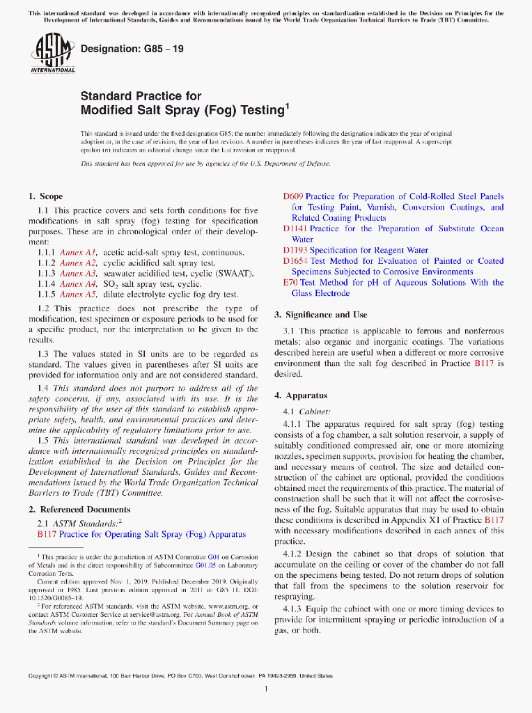 ASTM G85-19 Standard Practice for Modified Salt Spray(Fog)Testing