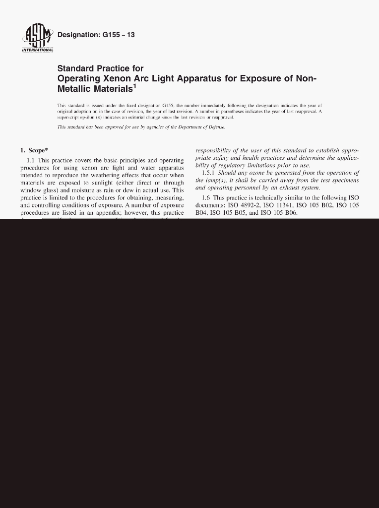 ASTM G155-13 Standard Practice for perating Xenon Arc Light Apparatus for Exposure of Non-Metallic Materials