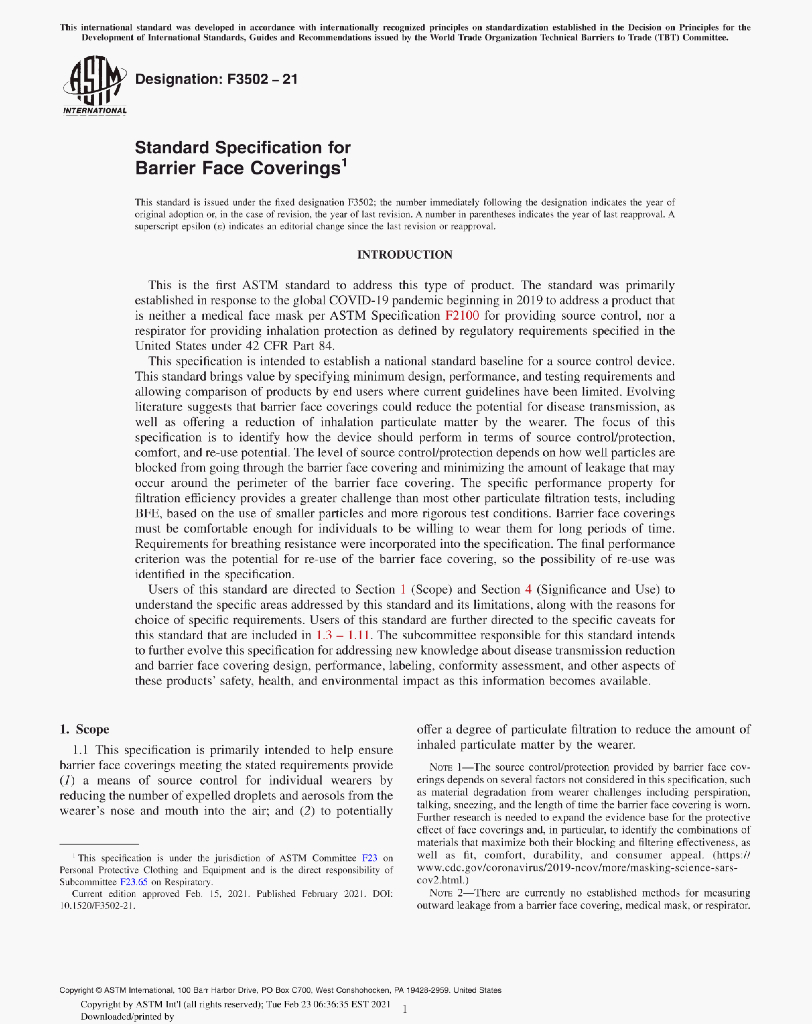 ASTM F3502-21 Standard Specification forBarrier Face Coverings