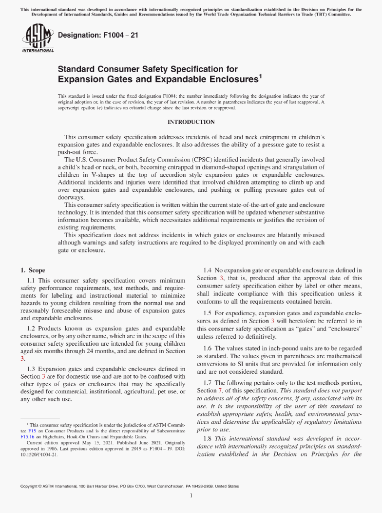 ASTM F1004-21 Standard Consumer Safety Specification for Expansion Gates and Expandable Enclosures