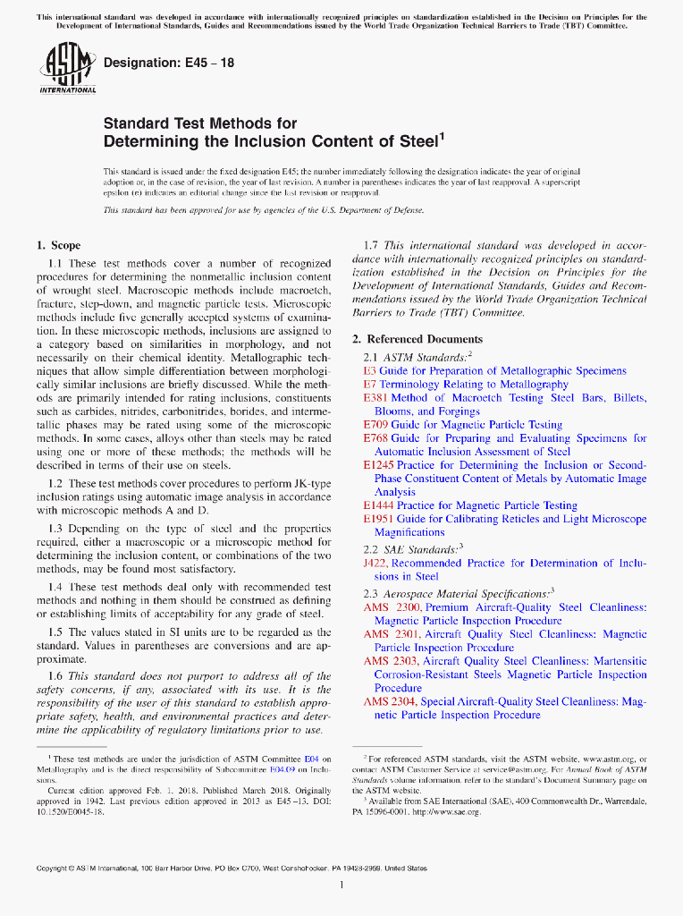 ASTM E45-18 Standard Test Methods for Determining the Inclusion Content of Steel