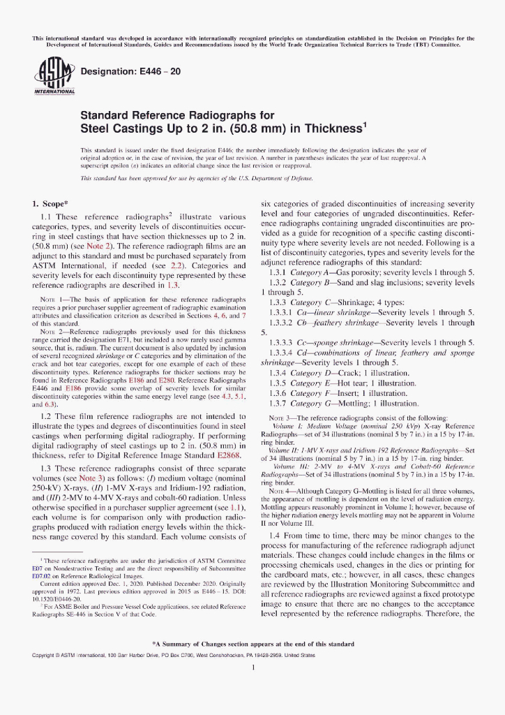 ASTM E446-20 Standard Reference Radiographs for Steel Castings Up to 2 in.(50.8 mm)in Thickness