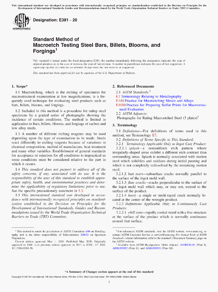 ASTM E381-20 Standard Method of Macroetch Testing Steel Bars,Billets,Blooms,andForgings