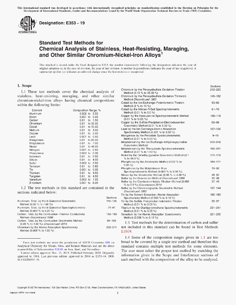 E353-19 Standard Test Methods for Chemical Analysis of Stainless,Heat-Resisting,Maraging,and Other Similar Chromium-Nickel-lron Alloys