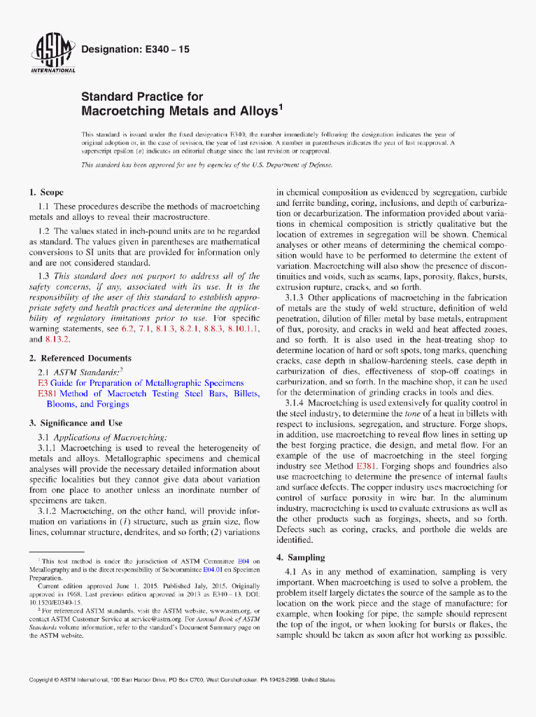 ASTM E340-15 Standard Practice for Macroetching Metals and Alloys