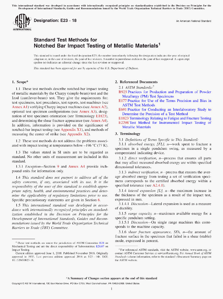 ASTM E23-18 Standard Test Methods for Notched Bar Impact Testing of Metallic Materials