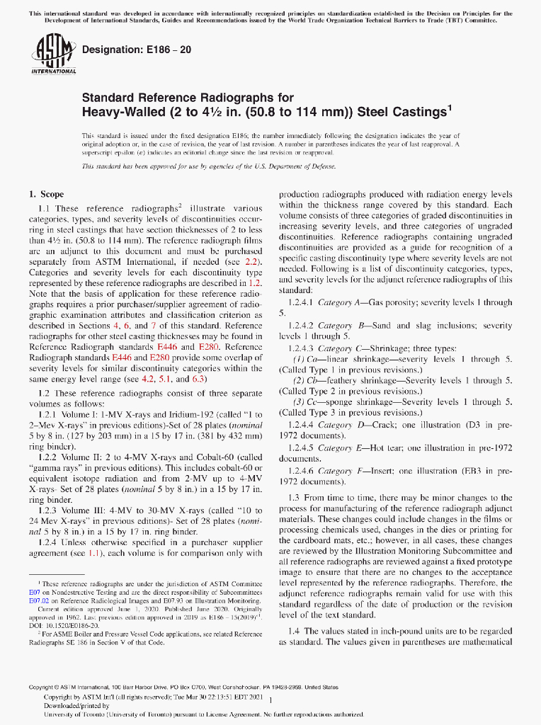 ASTM E186-20 Standard Reference Radiographs for Heavy-Walled(2 to 41/2 in.(50.8 to 114 mm))Steel Castings